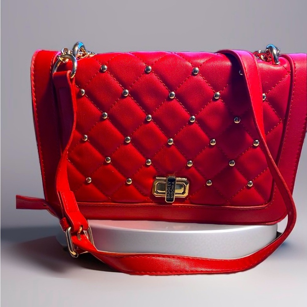 BADGLEY MISCHKA Red studs quilted crossbody purse